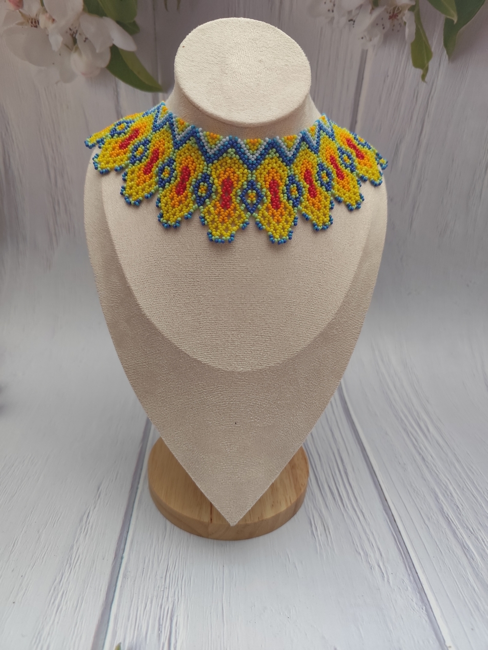 Handmade Beaded Statement Necklace in Yellow, Blue & Red